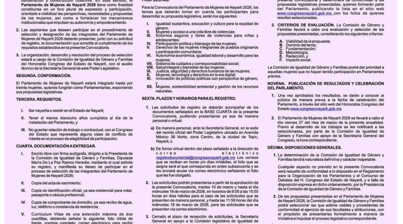 Congreso de Nayarit convoca a integrar el Parlamento de Mujeres 2026